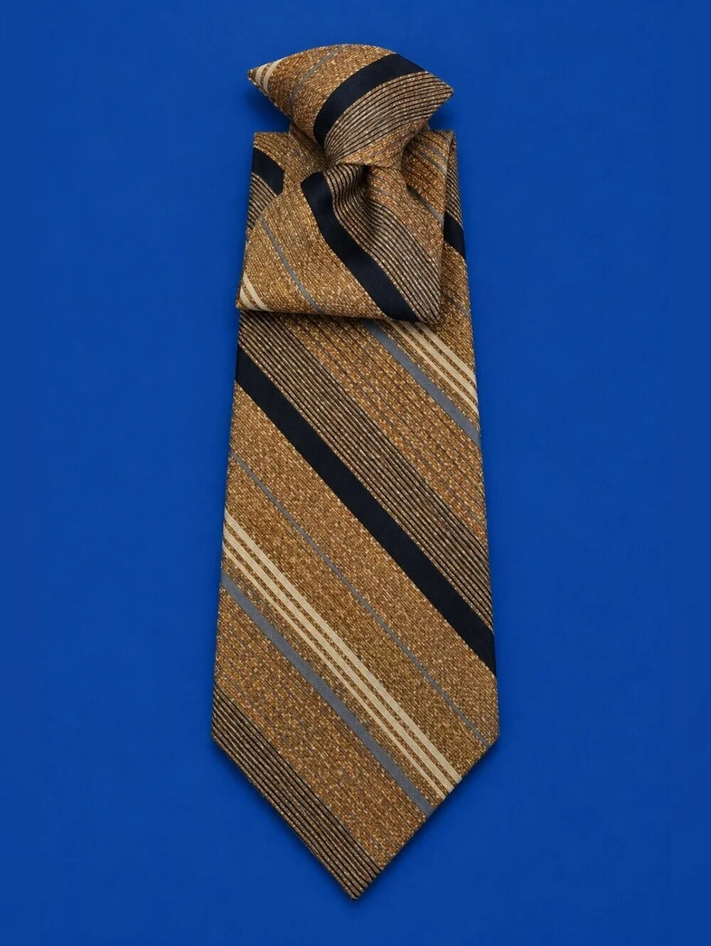 3/$30 Vintage FASHIONAIRE 1970s Striped Tan and Blue Clip-on Tie